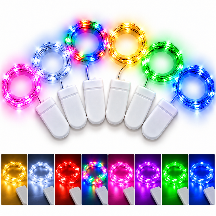 Coiled solar string lights shown in multiple color modes above a row of white clip-on battery packs, with a bottom strip of smaller inset images demonstrating additional lighting colors.
