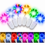 Coiled solar string lights shown in multiple color modes above a row of white clip-on battery packs, with a bottom strip of smaller inset images demonstrating additional lighting colors.