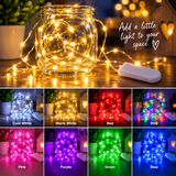 Solar LED string lights in a clear glass jar, shown with a white controller and a collage of color options including Cool White, Warm White, Red, RGB, Pink, Purple, Green, and Blue.