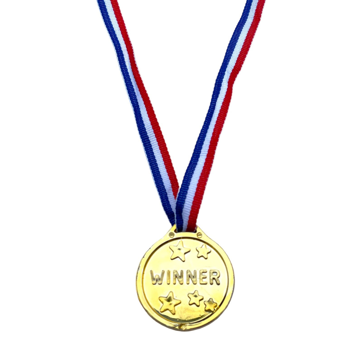 Gold medal with 'Winner' text on a red, white, and blue ribbon against a white background