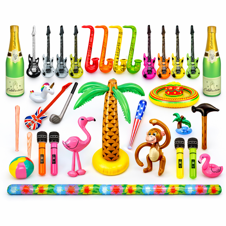 Assorted party supplies including inflatable palm tree, microphones, and novelty items on a white background