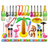 Assorted party supplies including inflatable palm tree, microphones, and novelty items on a white background