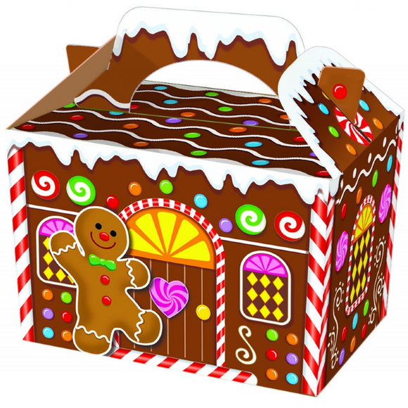 Gingerbread house-themed gift box with colorful decorations on a white background