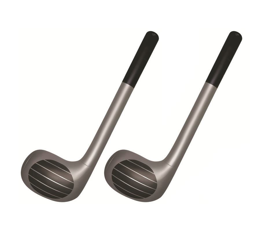 Two golf clubs with black grips on a white background
