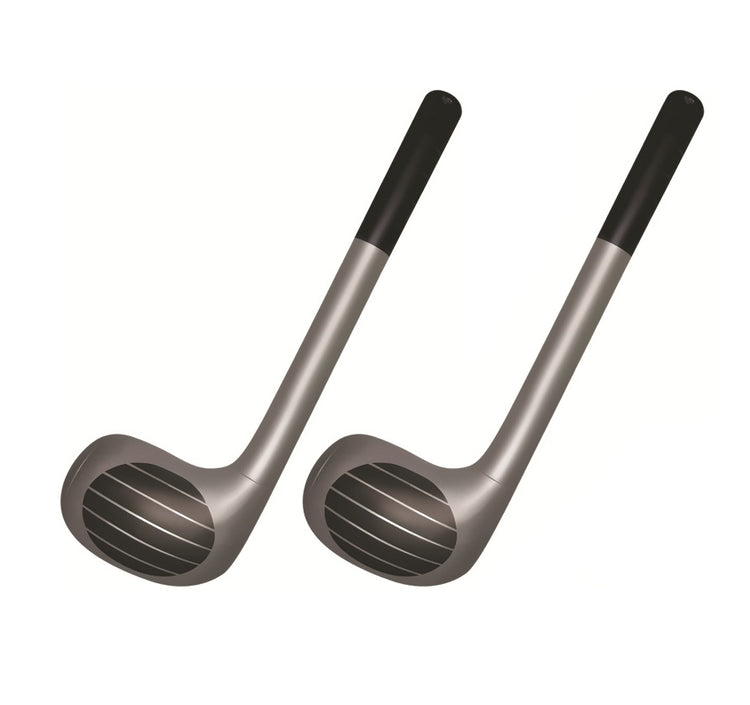 Two golf clubs with black grips on a white background