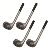 Four golf clubs with black grips on a white background