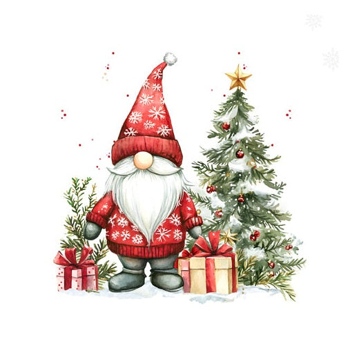 Christmas gnome with red hat and sweater near a decorated tree and presents on a white napkin
