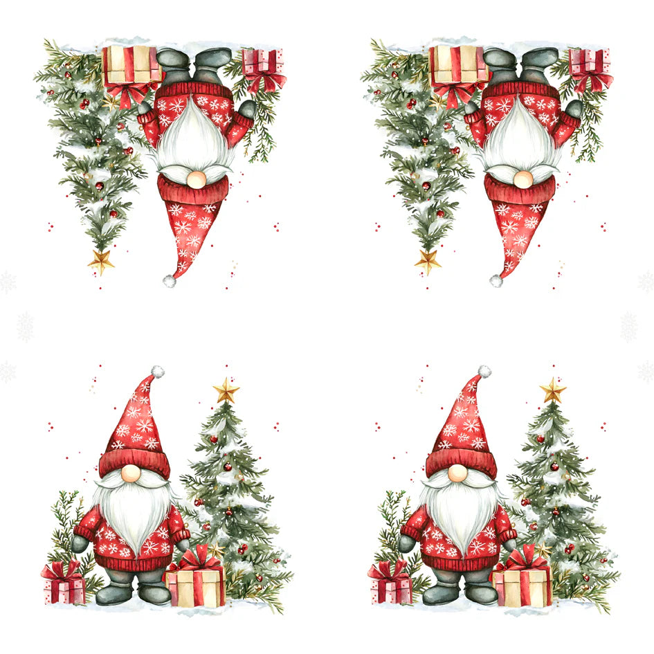 Christmas-themed gnomes with trees and presents on a white napkin
