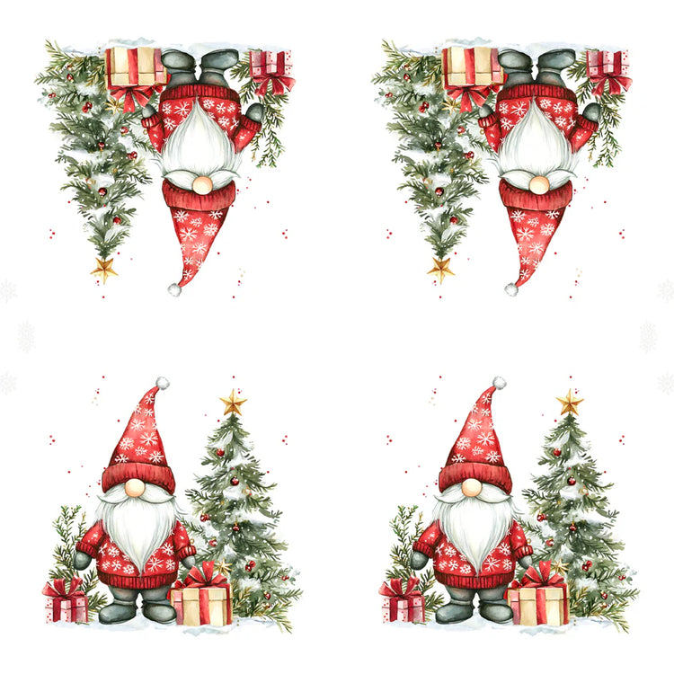 Christmas-themed gnomes with trees and presents on a white napkin