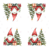 Christmas-themed gnomes with trees and presents on a white napkin