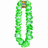 A bright green Hawaiian-style flower lei necklace made of four-petal flower pieces, shown on a plain white background with a small printed tag at the top.