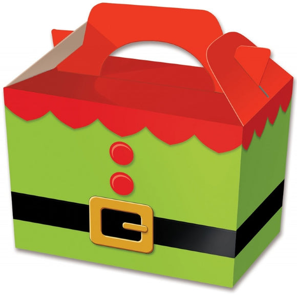 Green and red box resembling an elf costume on a white background