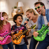 Family playing with inflatable guitars and microphone in a living room.