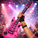 Inflatable pink guitar held up in the air with colorful lights and confetti in the background