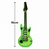 Green inflatable guitar with black details and measurement label on a white background