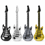 Four inflatable electric guitars in black, white, silver, and gold on a white background.