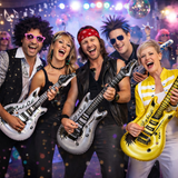 Five people with inflatable guitars on a stage with colorful lights and confetti.