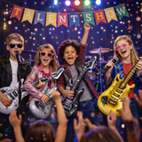 Children performing on stage with guitars and microphones, under a 'Talent Show' banner.