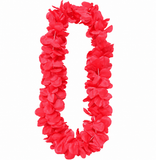 A bright red Hawaiian-style flower lei necklace made of layered fabric petals, shown on a plain white background.