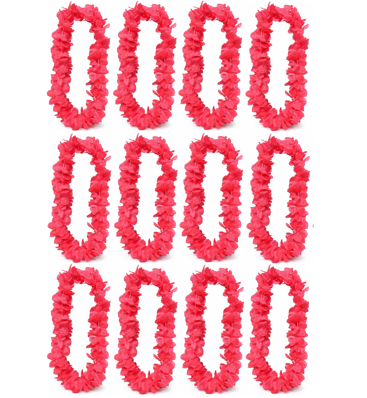 Multiple pink leis arranged in a grid on a white background