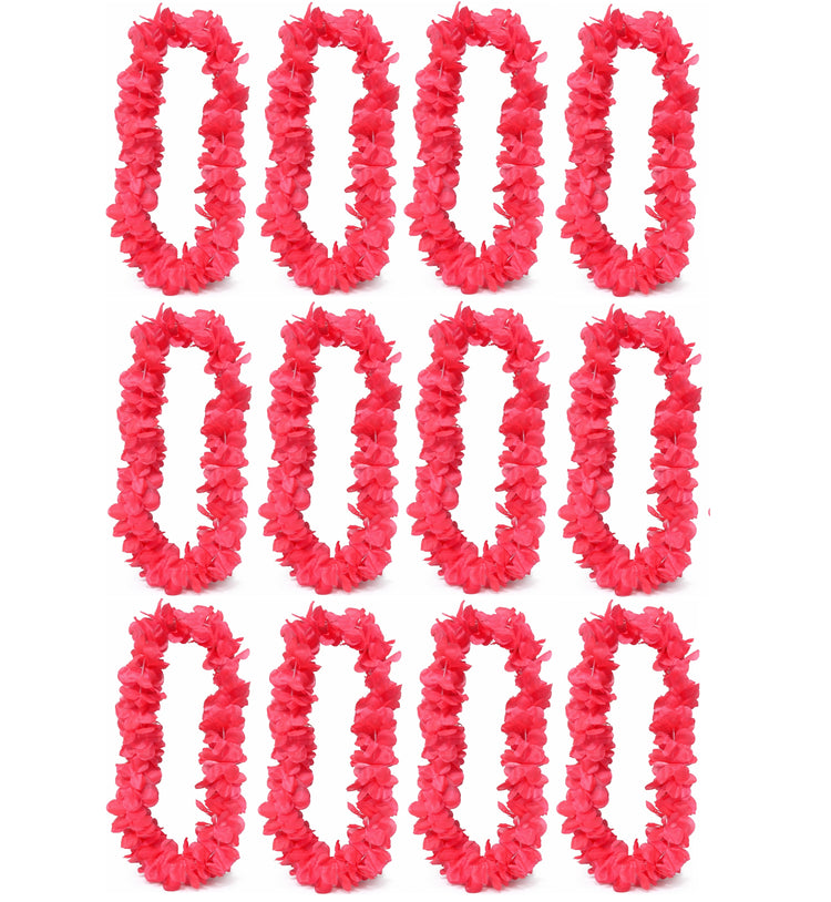 Multiple pink leis arranged in a grid on a white background