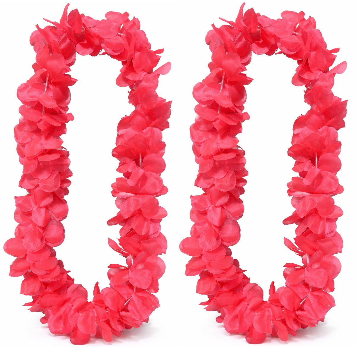 Two pink flower leis on a white background
