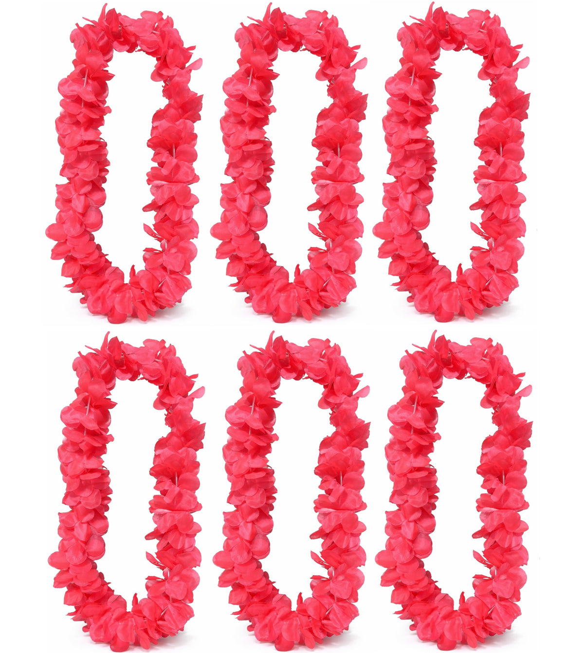 Six pink flower leis arranged in two rows on a white background