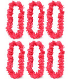 Six pink flower leis arranged in two rows on a white background