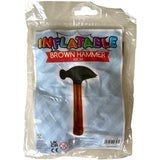 Inflatable brown hammer packaging with colorful text on a white background