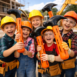 Children in construction-themed outfits with toy hammers at a construction site.