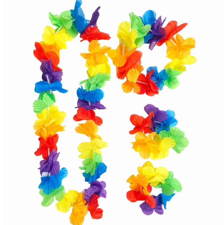 Colorful flower leis arranged in a circular pattern on a white background