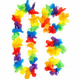 Colorful flower leis arranged in a circular pattern on a white background