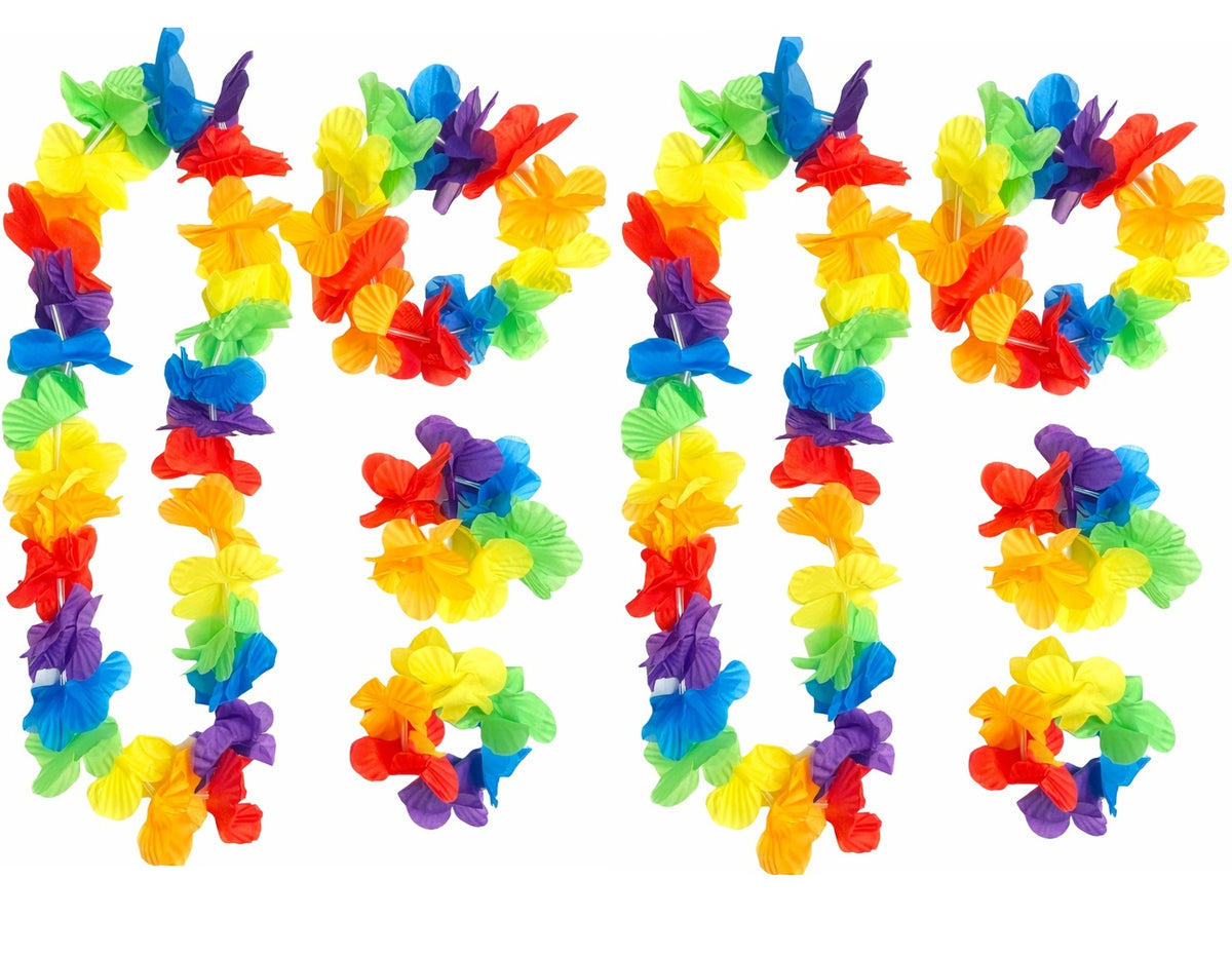 Colorful flower leis arranged in a pattern on a white background