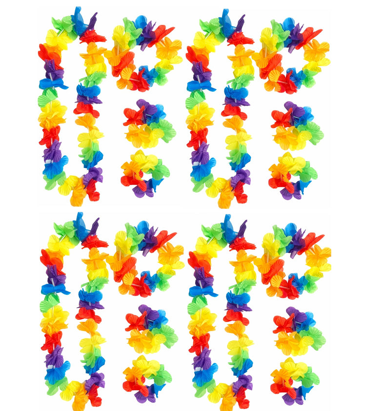 Colorful flower leis arranged in the shape of 'HELLO' on a white background