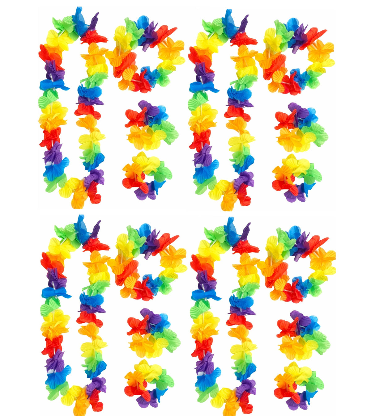 Colorful flower leis arranged in the shape of 'HELLO' on a white background