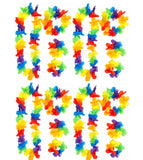Colorful flower leis arranged in the shape of 'HELLO' on a white background