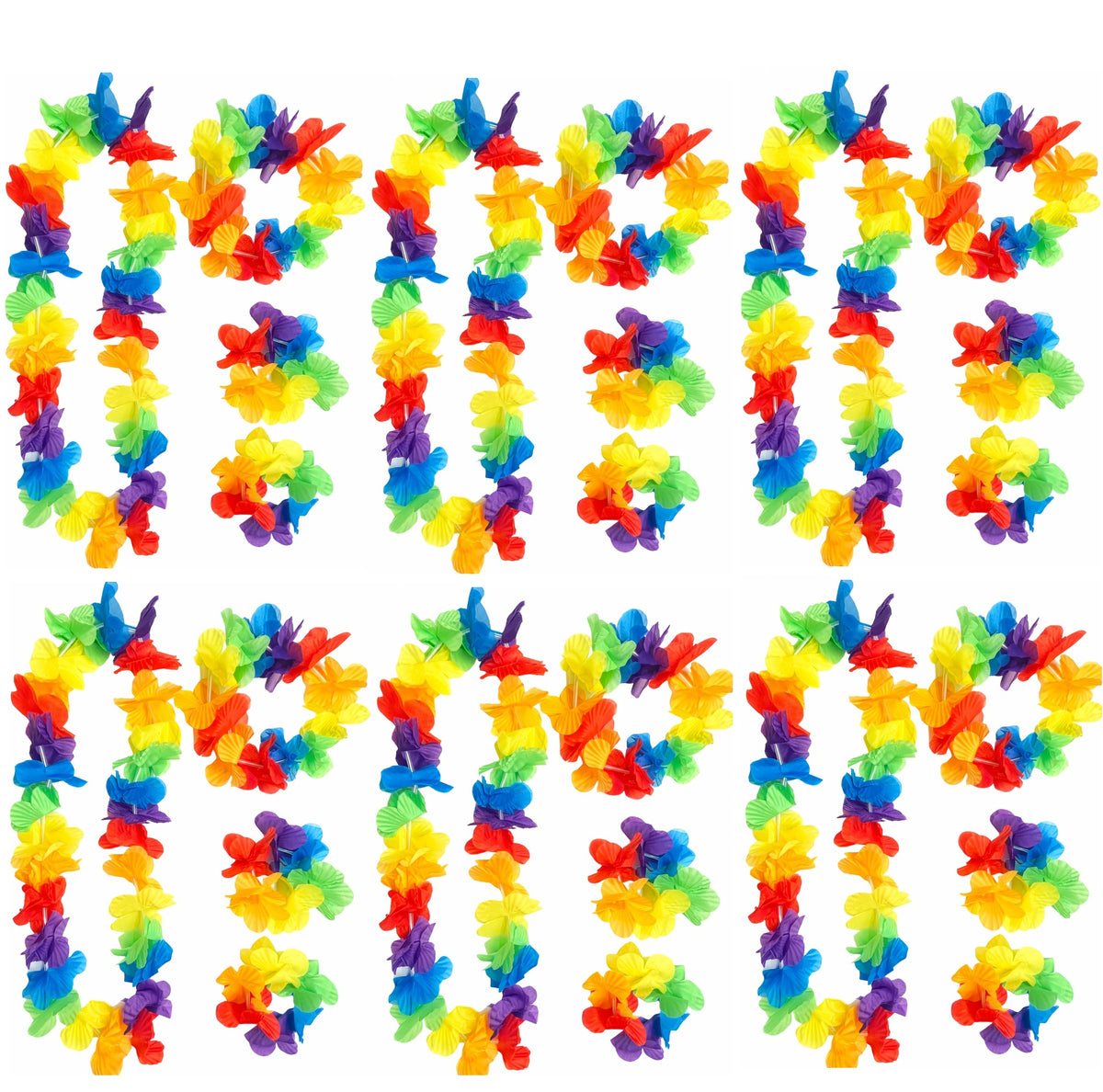 Multiple colorful flower leis arranged in a grid pattern.