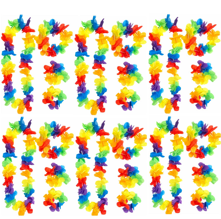 Multiple colorful flower leis arranged in a grid pattern.