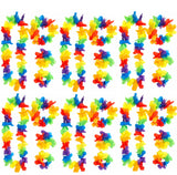 Multiple colorful flower leis arranged in a grid pattern.