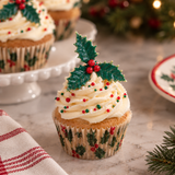 A frosted cupcake in a holiday holly-patterned paper liner sits on a marble surface, topped with white whipped frosting, red and green sprinkles, and a green holly leaf decoration. Other cupcakes and a blurred festive background are visible.