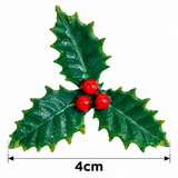 A green holly leaf decoration with three red berries, shown on a white background with a 4cm width measurement marker.
