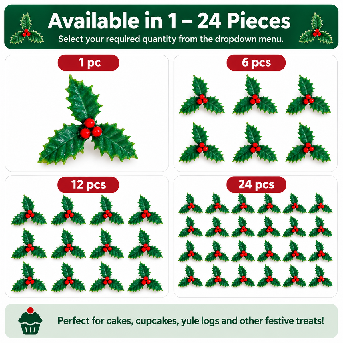 A product information graphic showing holly berry decorations available in different quantities: 1 piece, 6 pieces, 12 pieces, and 24 pieces. The image features illustrations of green holly leaves with red berries on a white background with a green header and footer.