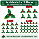 A product information graphic showing holly berry decorations available in different quantities: 1 piece, 6 pieces, 12 pieces, and 24 pieces. The image features illustrations of green holly leaves with red berries on a white background with a green header and footer.