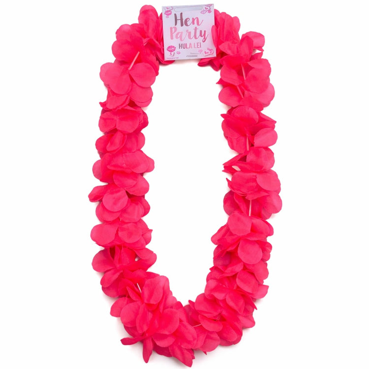 Pink flower lei with a 'Hen Party' sign on a white background