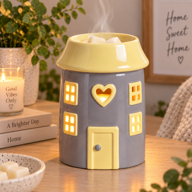 A ceramic house-shaped wax warmer with a gray body and pale yellow roof, door, and window frames, shown on a wooden table with candles, books, and plants in a cozy indoor setting.
