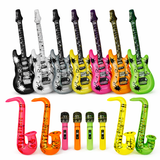 Set of inflatable musical instruments including guitars and saxophones in various colors on a white background.