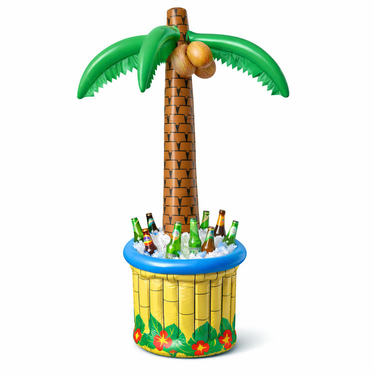 Inflatable palm tree cooler with bottles on a white background