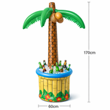 Inflatable palm tree cooler with bottles on a white background