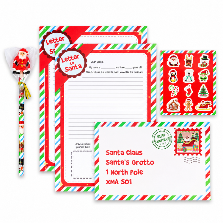 Kids Letter To Santa Christmas List Writing Set Envelope Stickers Pencil Xmas