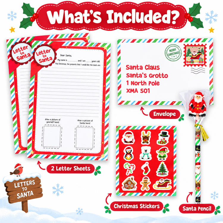 Christmas-themed 'What's Included?' collage showing a letter to Santa template, an envelope with holiday postmark, two letter sheets, Christmas stickers, and a Santa-themed pencil on a snowy white background.